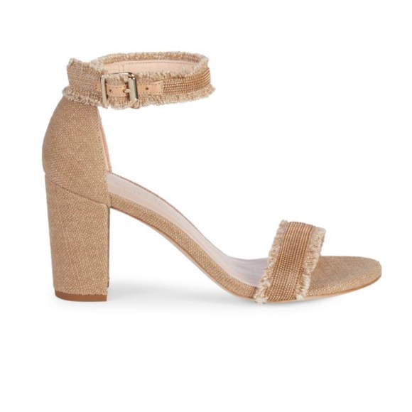 Stuart Weitzman Tan Chaingang Frayed Heel Sandal Sz 8.5 $Orig $450 - Picture 2 of 9